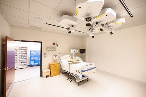 Interior of a hospital room showcasing a bed and equipments, emphasizing a healing environment