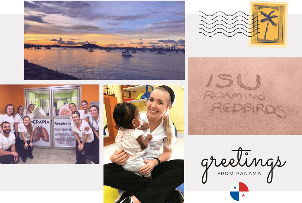 A photo collage of a Transcultural Nursing experience in Panama, featuring a harbor, a stamp, a group of nurses, a nurse holding a baby, and writing in the sand that says ISU Roaming Redbirds.